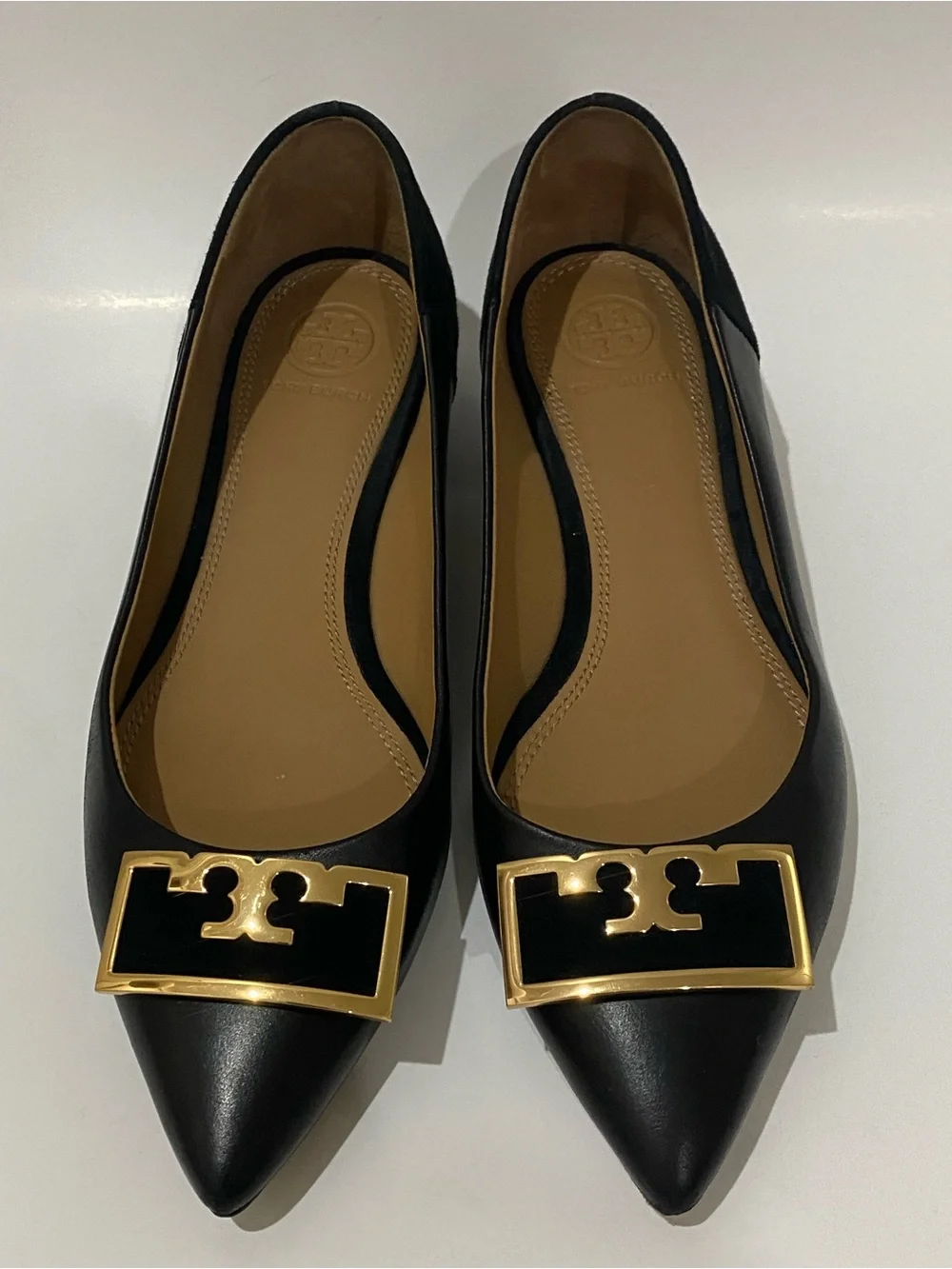 Tory Burch Jessa Black Gold Pointed Toe Logo Buckle Flats Leather Suede